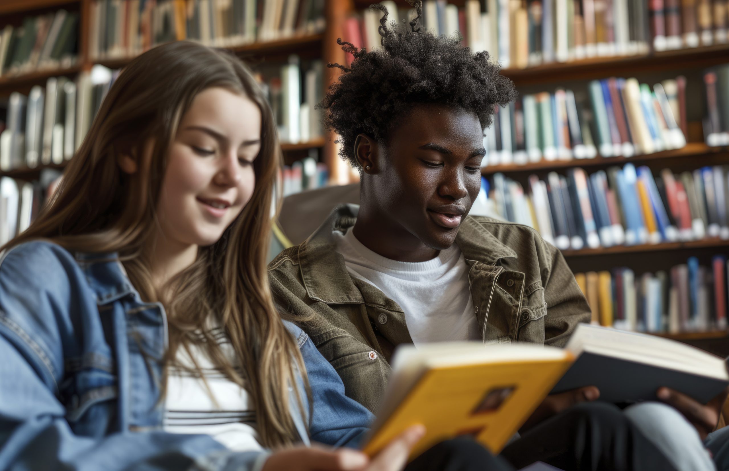 uma mulher e um homem sentados lado a lado lendo em uma biblioteca