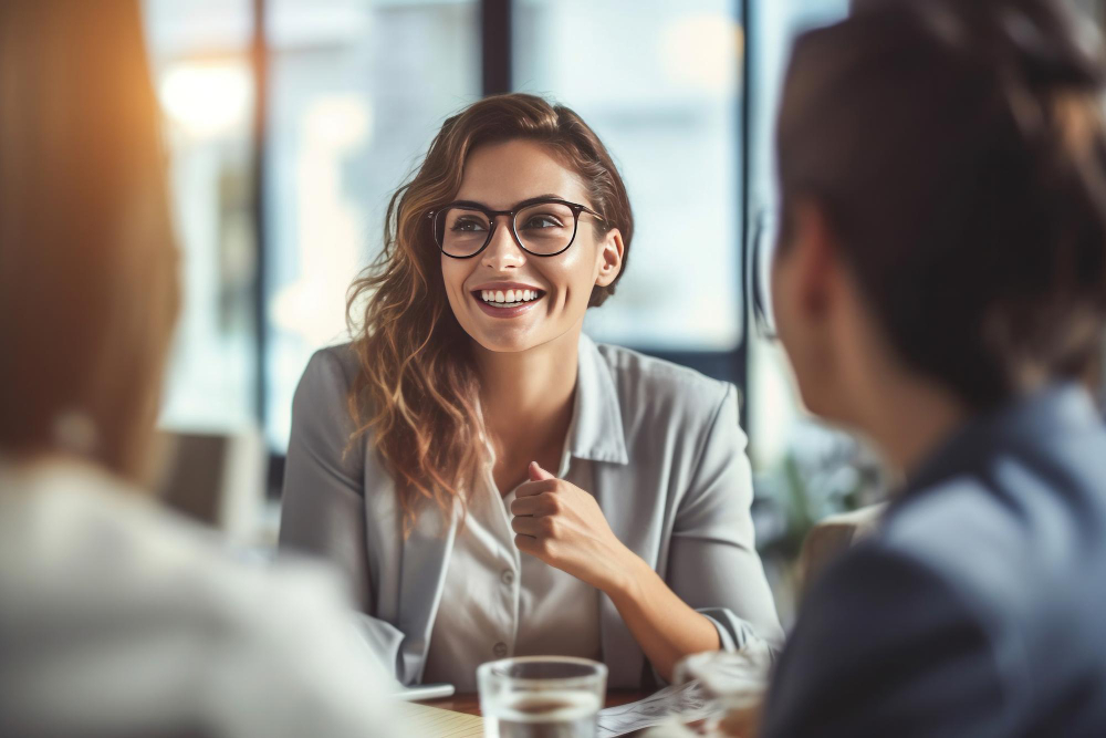 mulher sorrindo em conversa com outras pessoas em uma cafeteria