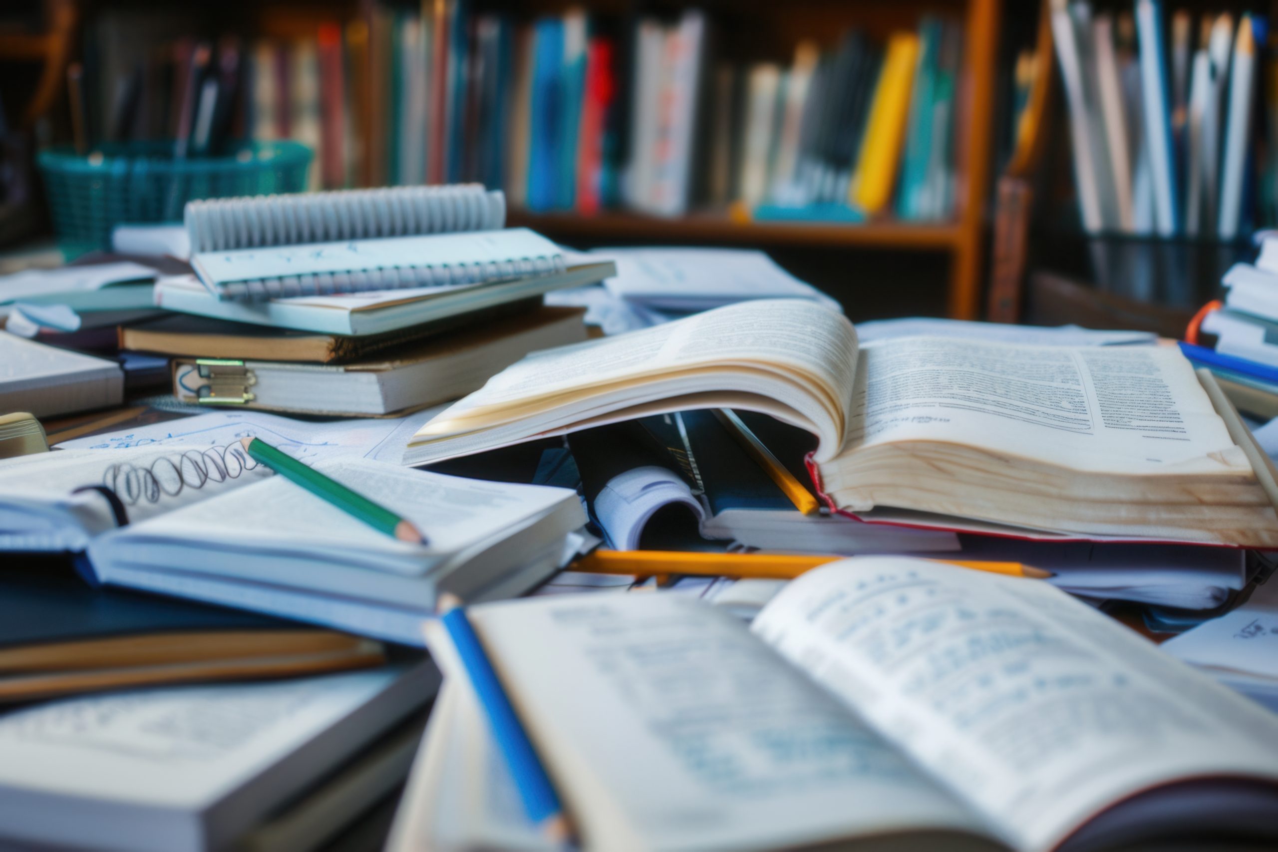 em uma biblioteca, vários livros e cadernos abertos, com alguns lápis em cima