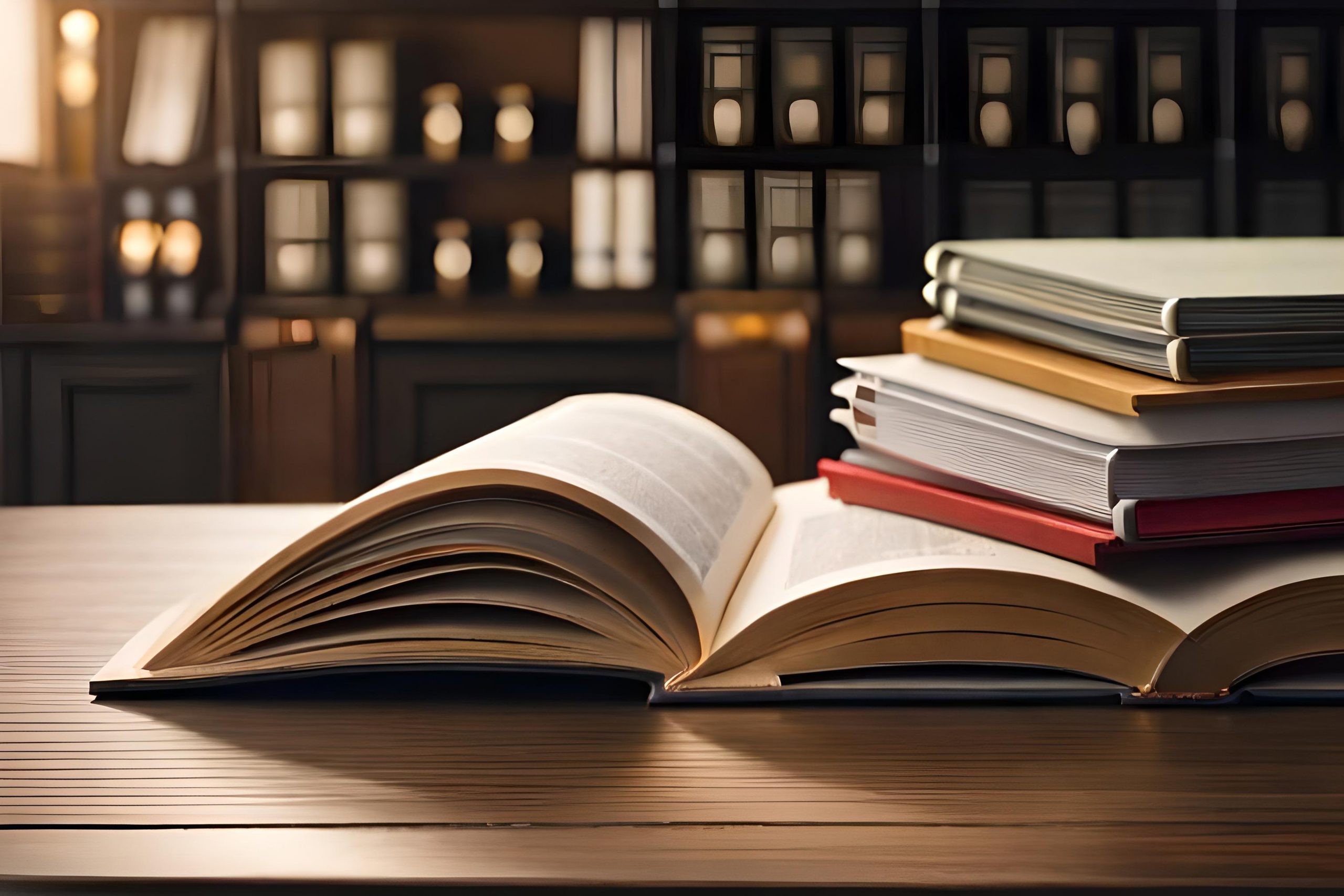 livros sobre uma mesa, ao fundo uma biblioteca