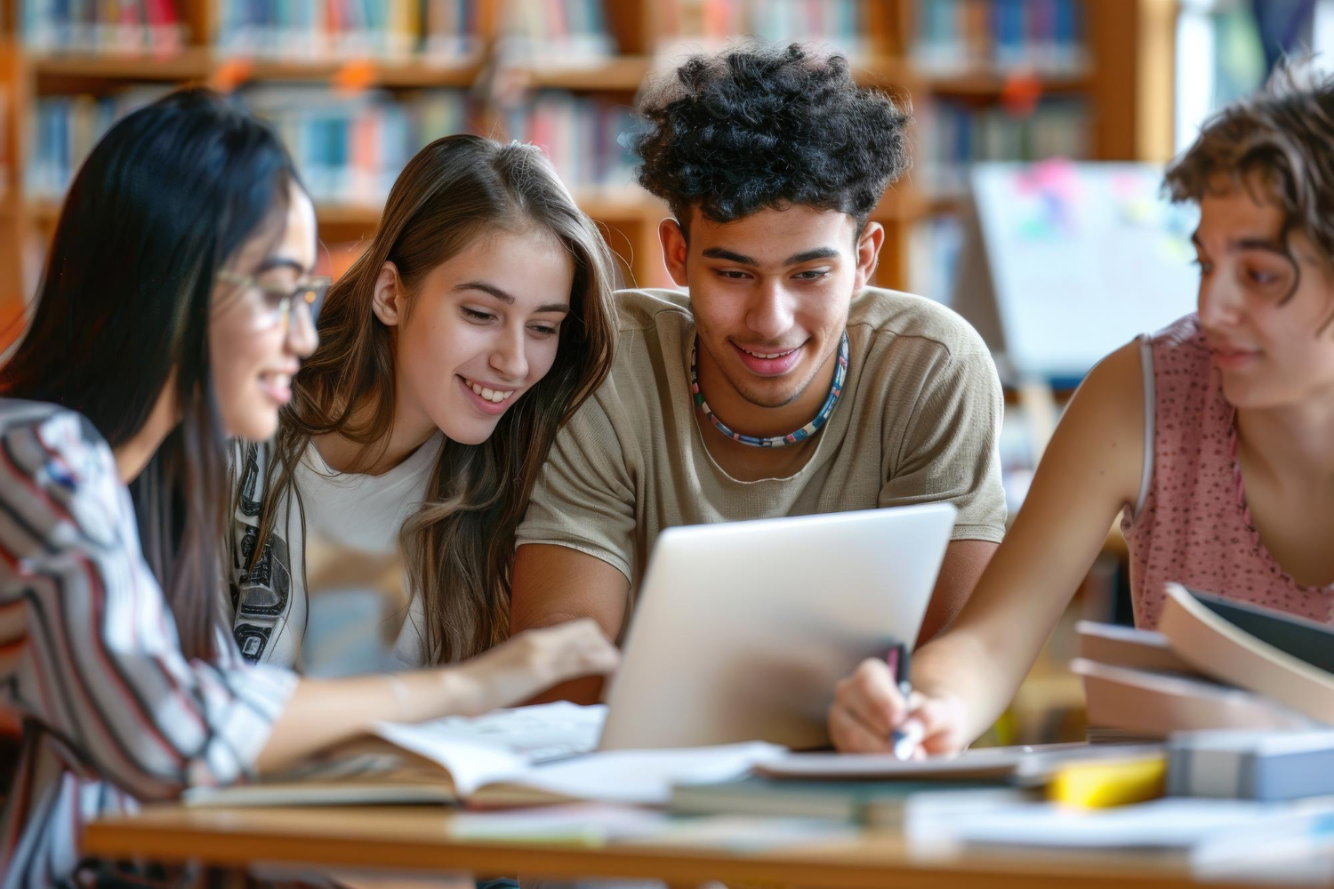 grupo de jovens alunos estudando na biblioteca da faculdade. Eles estão sentados lado a lado olhando para um notebook