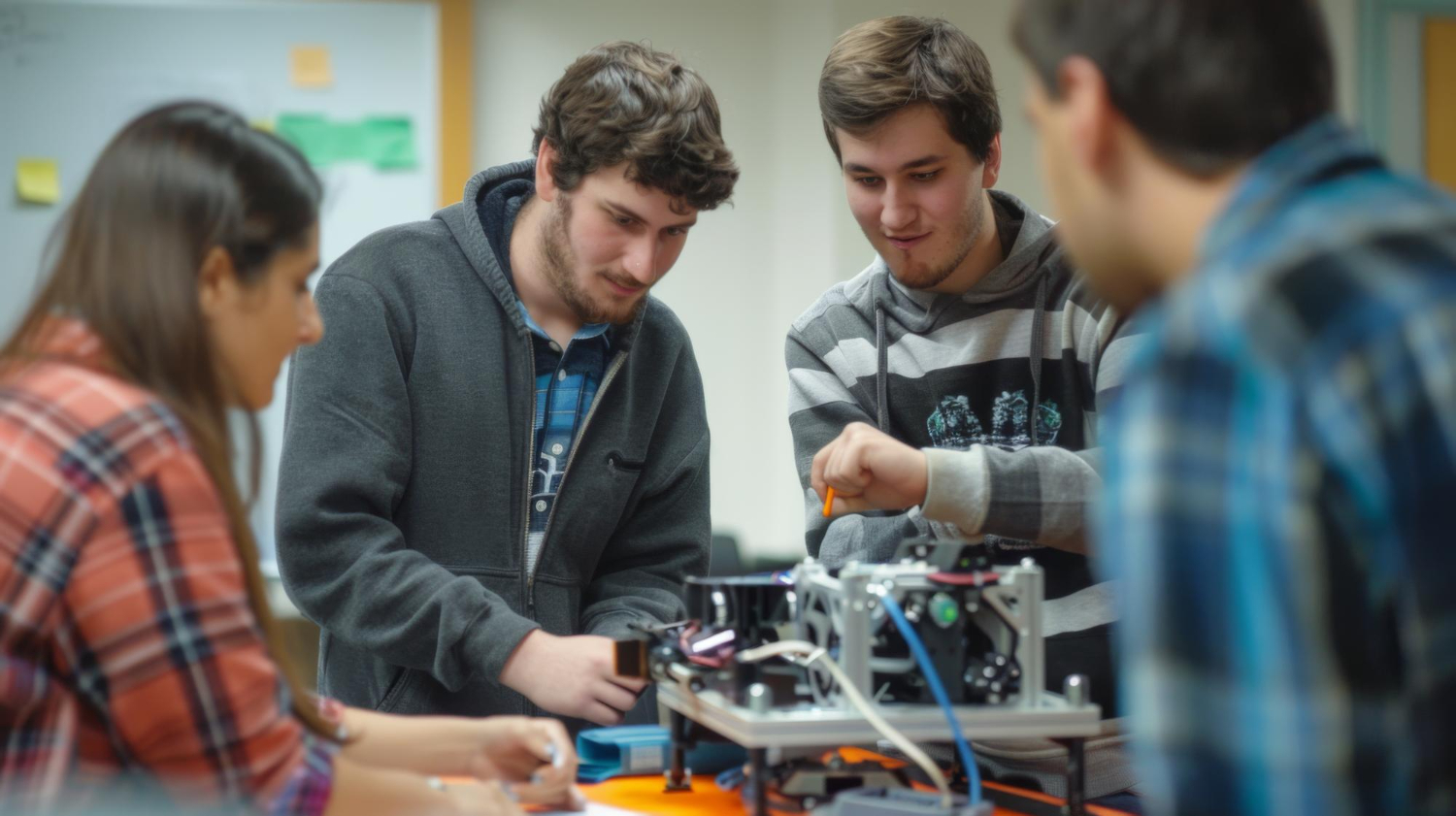 Alunos de um curso tecnólogo em uma sala de aula, praticando em um equipamento eletrônico