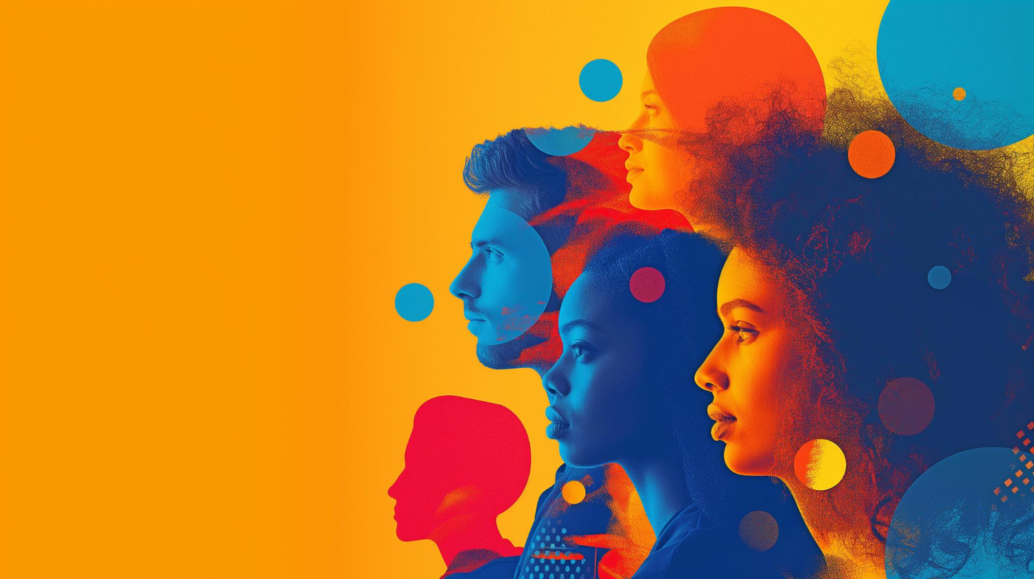 imagem gerada por inteligência artificial com diferentes rostos de perfil, com filtro azul e laranja