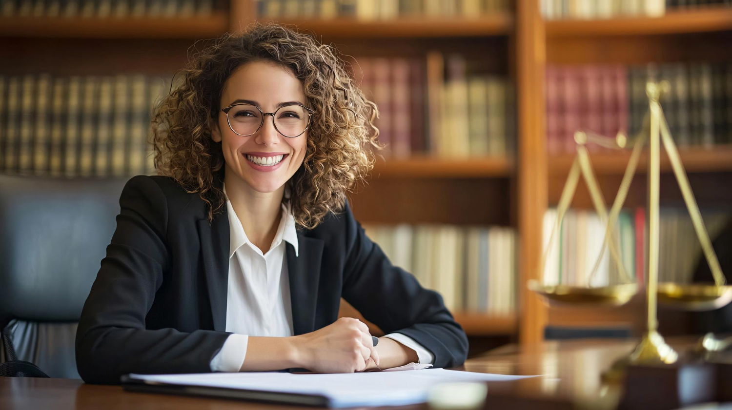 iamgem gerada por inteligencia artificial de uma mulher sorrindo para a câmera com fundo de escritório de advocacia, com estantes cheias de livros