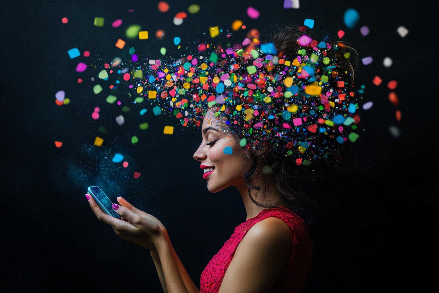 Uma mulher olhando para seu celular e pensando em mídias sociais em um fundo preto. Imagem gerada por IA