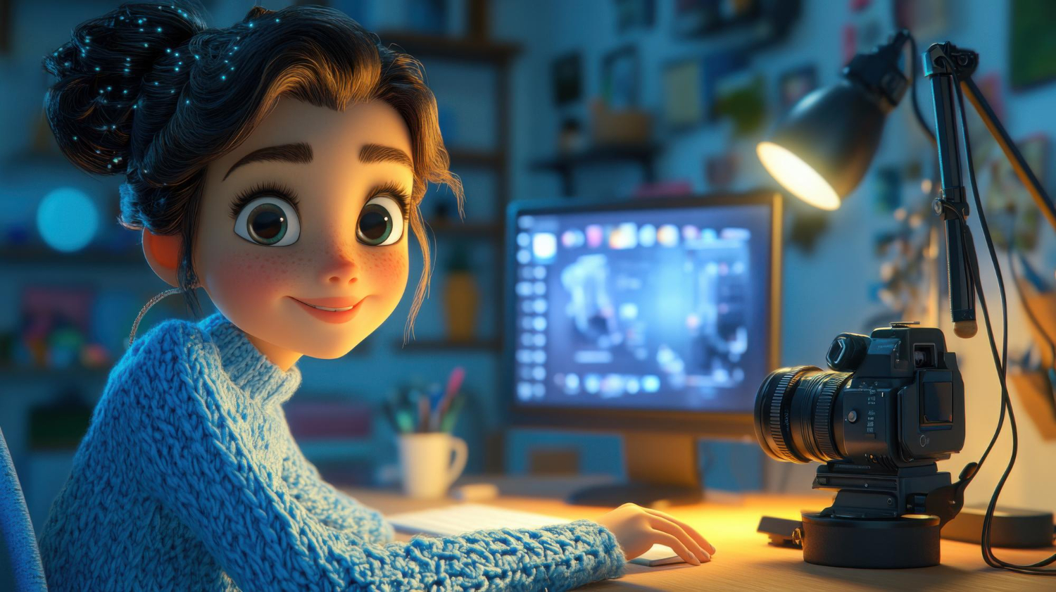 Estilo de desenho animado 3D Blogger de vídeo de menina elegante perto do computador em estúdio em casa iluminado por câmera de lâmpada de néon LED redonda e microfone nas proximidades