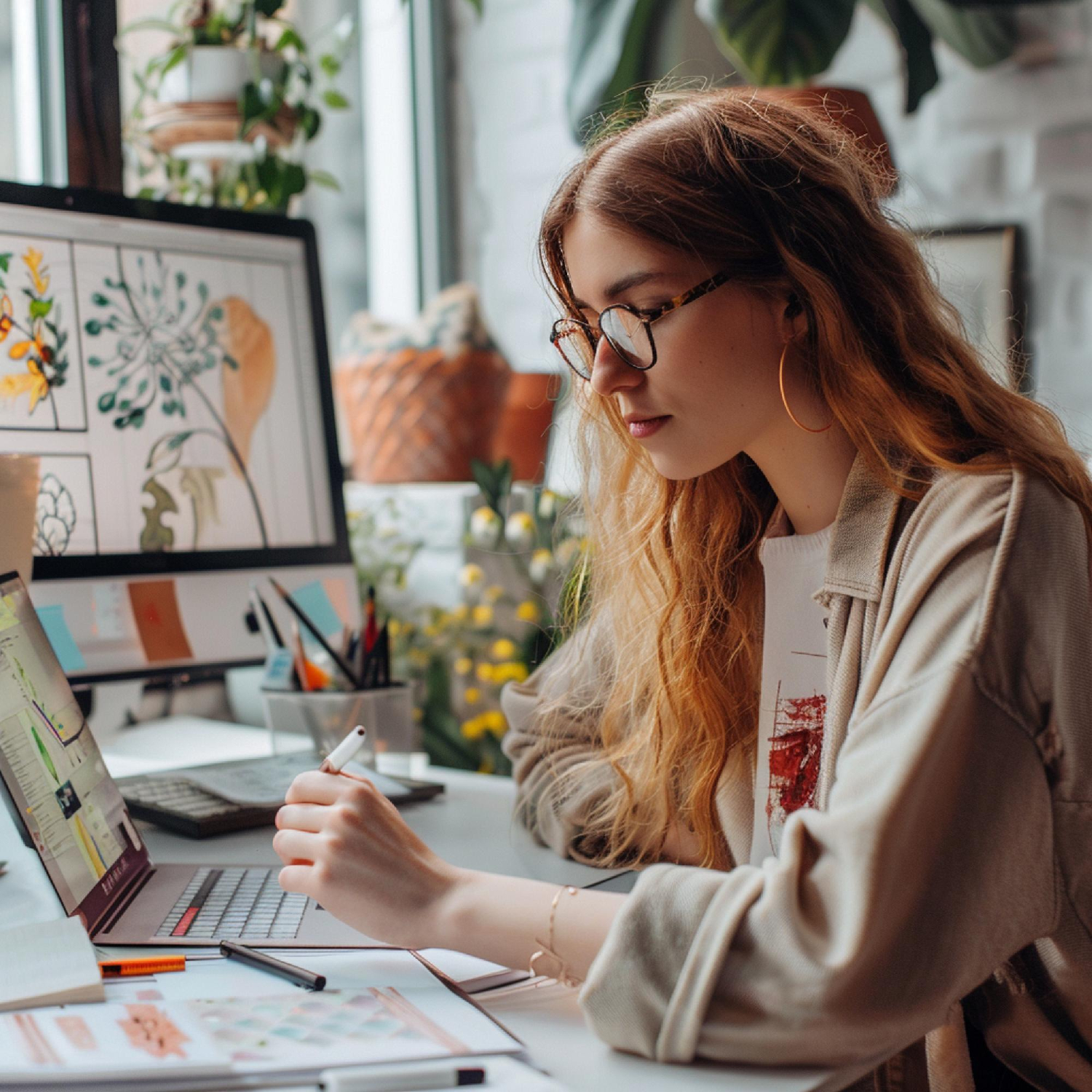 imagem gerada por inteligencia artificial de uma mulher em atelie trabalhando no computador