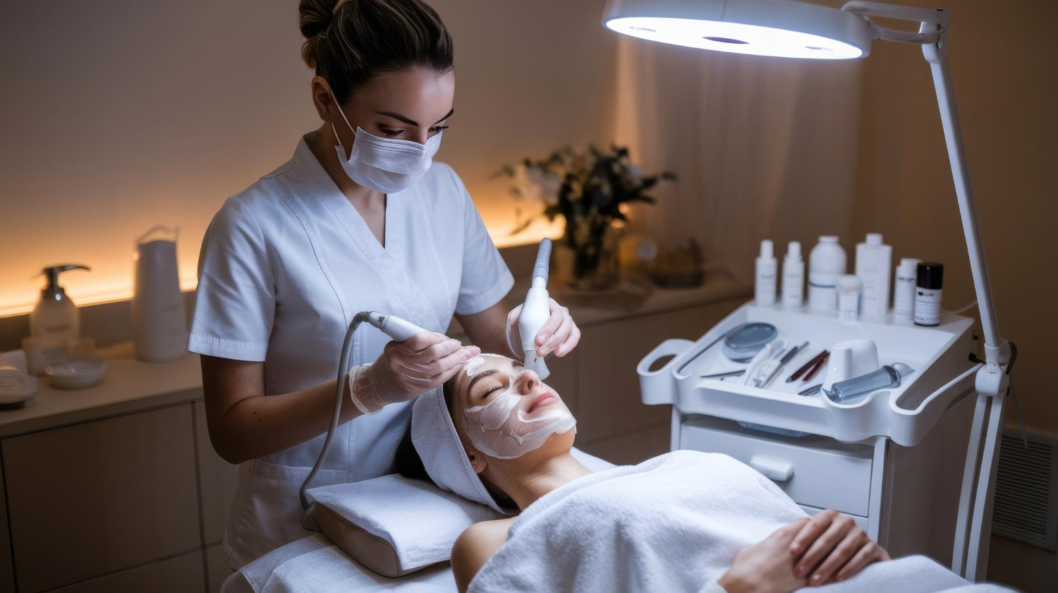 imagem gerada por IA para representar uma profissional de estetica e cosmética durante atendimento facial em uma paciente