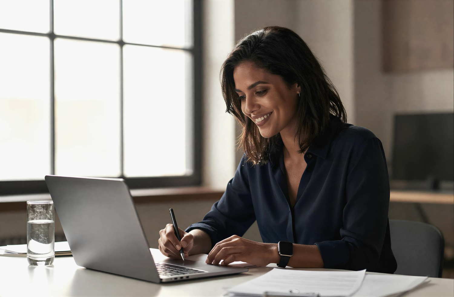 imagem gerada por inteligência artificial para representar uma mulher de negócios trabalhando em frente ao notebook